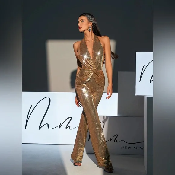 Gold Backless Halter Sequin Jumpsuit, S - Picture 2 of 7